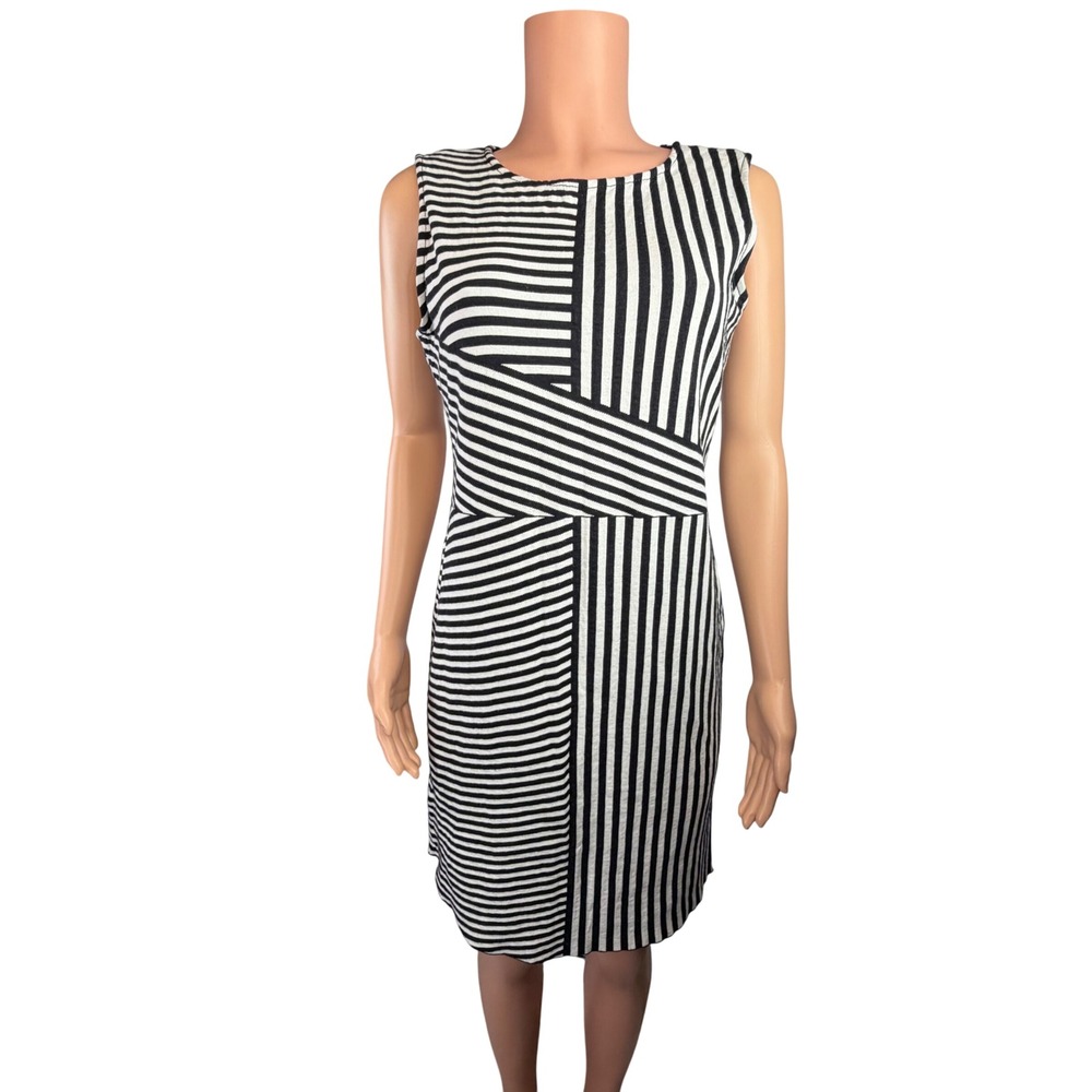 St. John Collection Knit Sheath Dress Black White Geometric Stripe Size 10